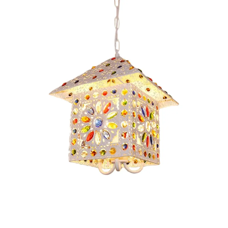 Bohemia House Shade Chandelier - Elegant Metal Pendant Lamp with Crystal Gem and White Finish