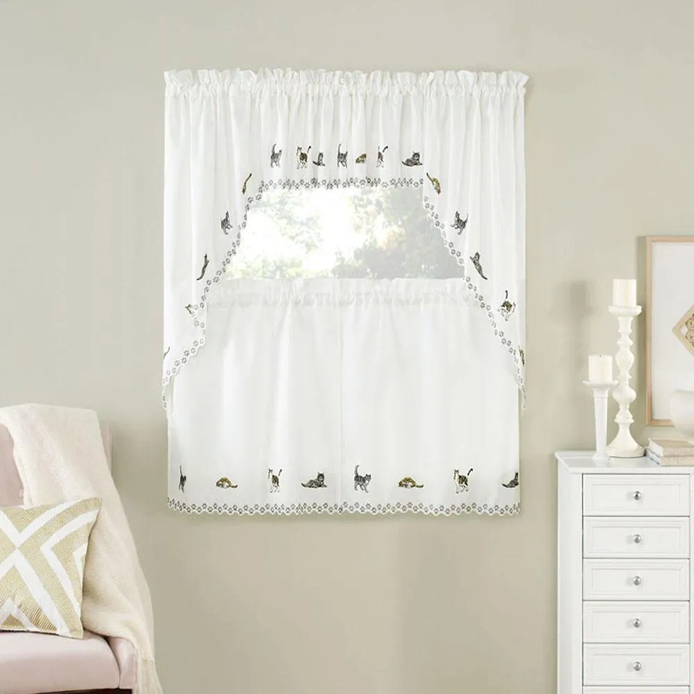 Cats Embroidered Tier, Valance and Swag Curtains