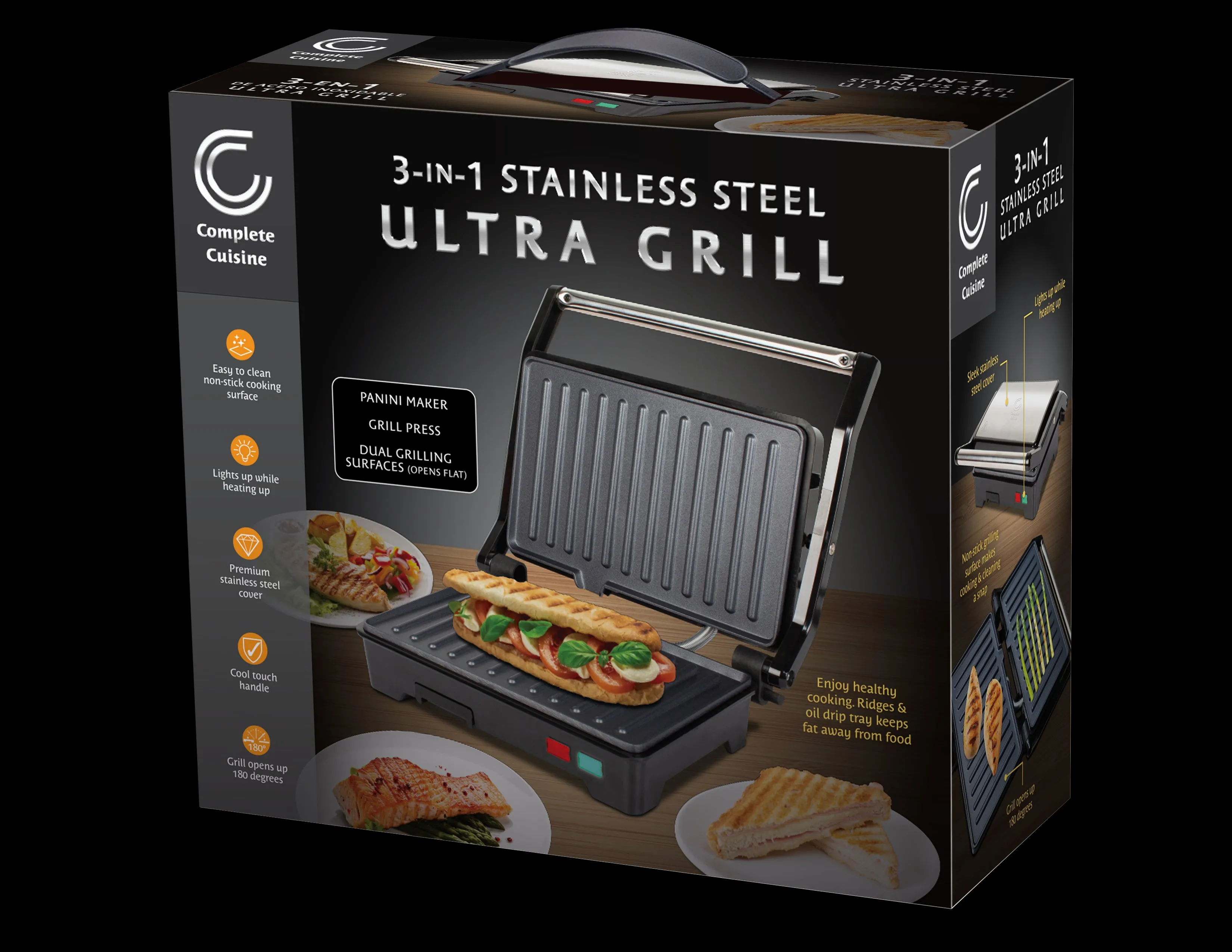 Complete Cuisine 3-in-1 Stainless Steel Ultra Grill, Opens 180 Degrees for Any Size Food