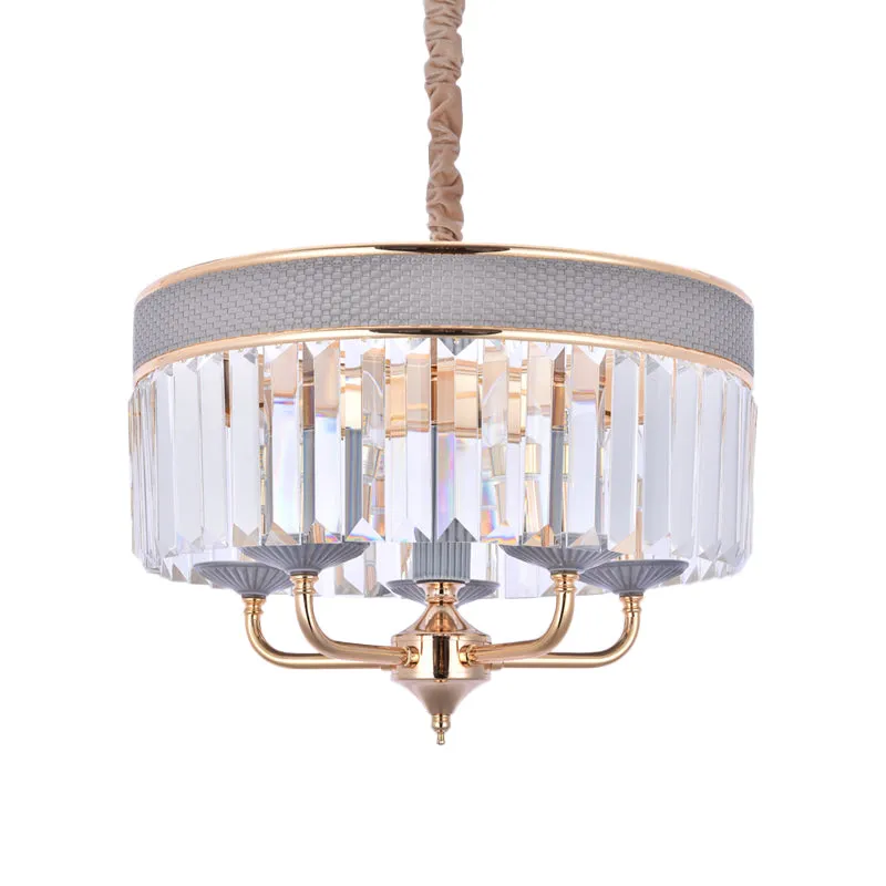 Contemporary Crystal Shade Drum Chandelier with Metal Arm - 5 Heads Pendant Lighting Fixture in Grey