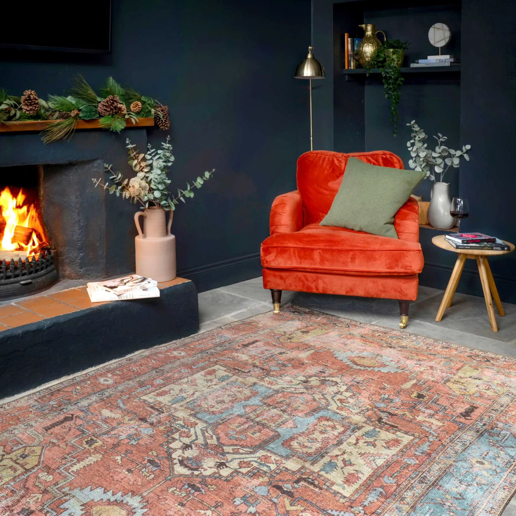 Distressed Terracotta Aztec Washable Boho Rug - Yana