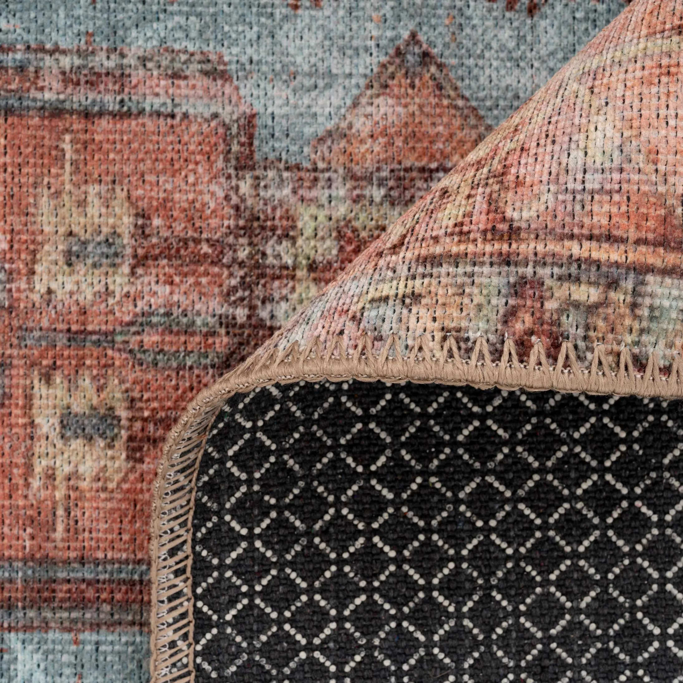Distressed Terracotta Aztec Washable Boho Rug - Yana