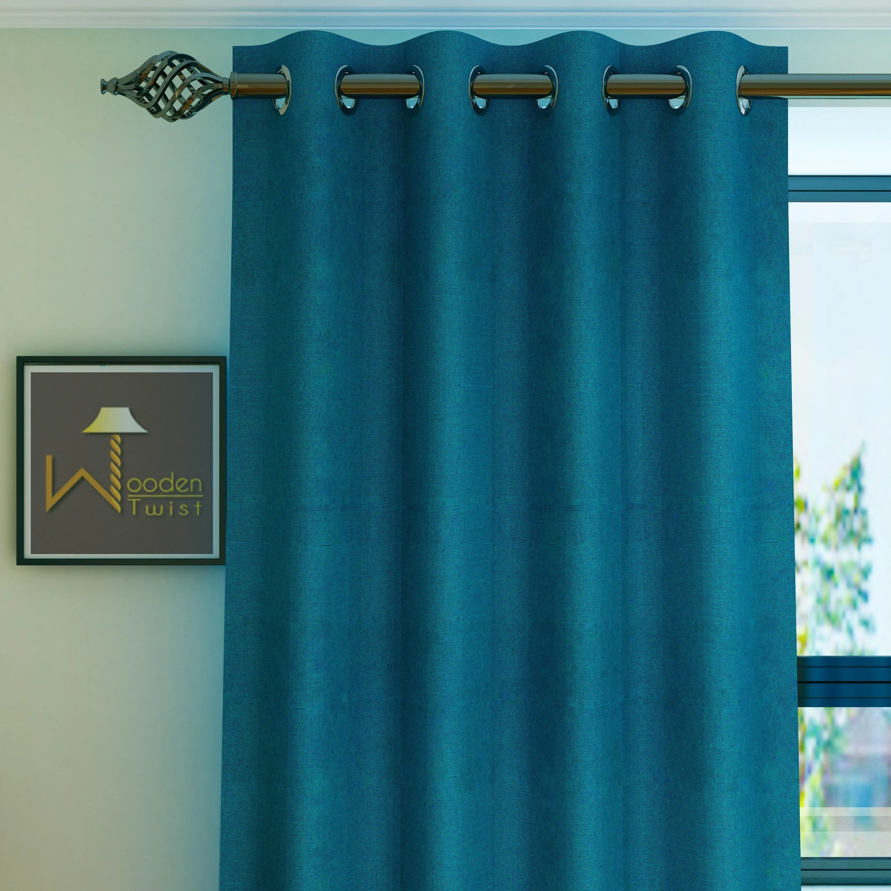 Fabrahome Light Filtering 10 Ft Rectangular Jute Fabric Curtain ( Blue )