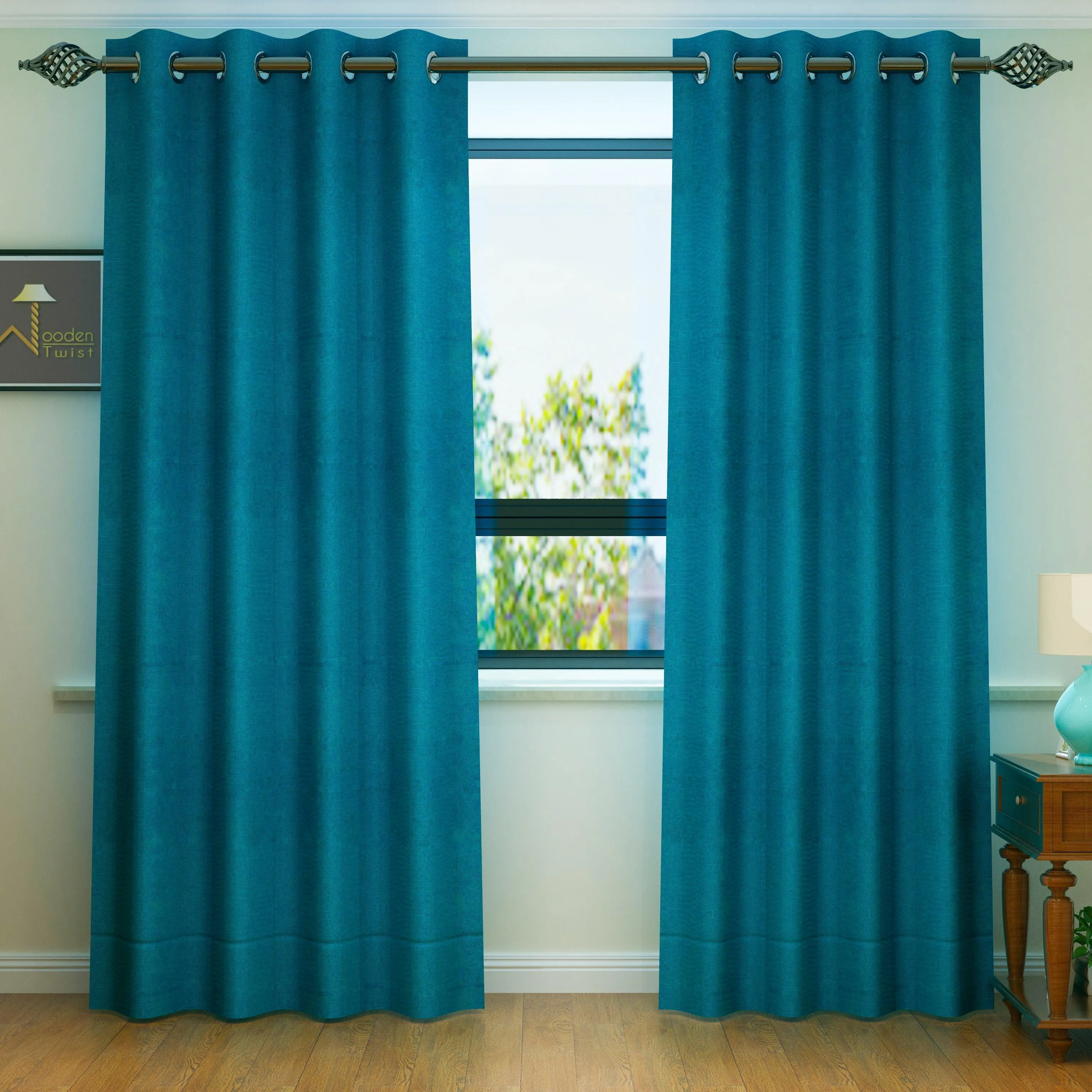 Fabrahome Light Filtering 10 Ft Rectangular Jute Fabric Curtain ( Blue )