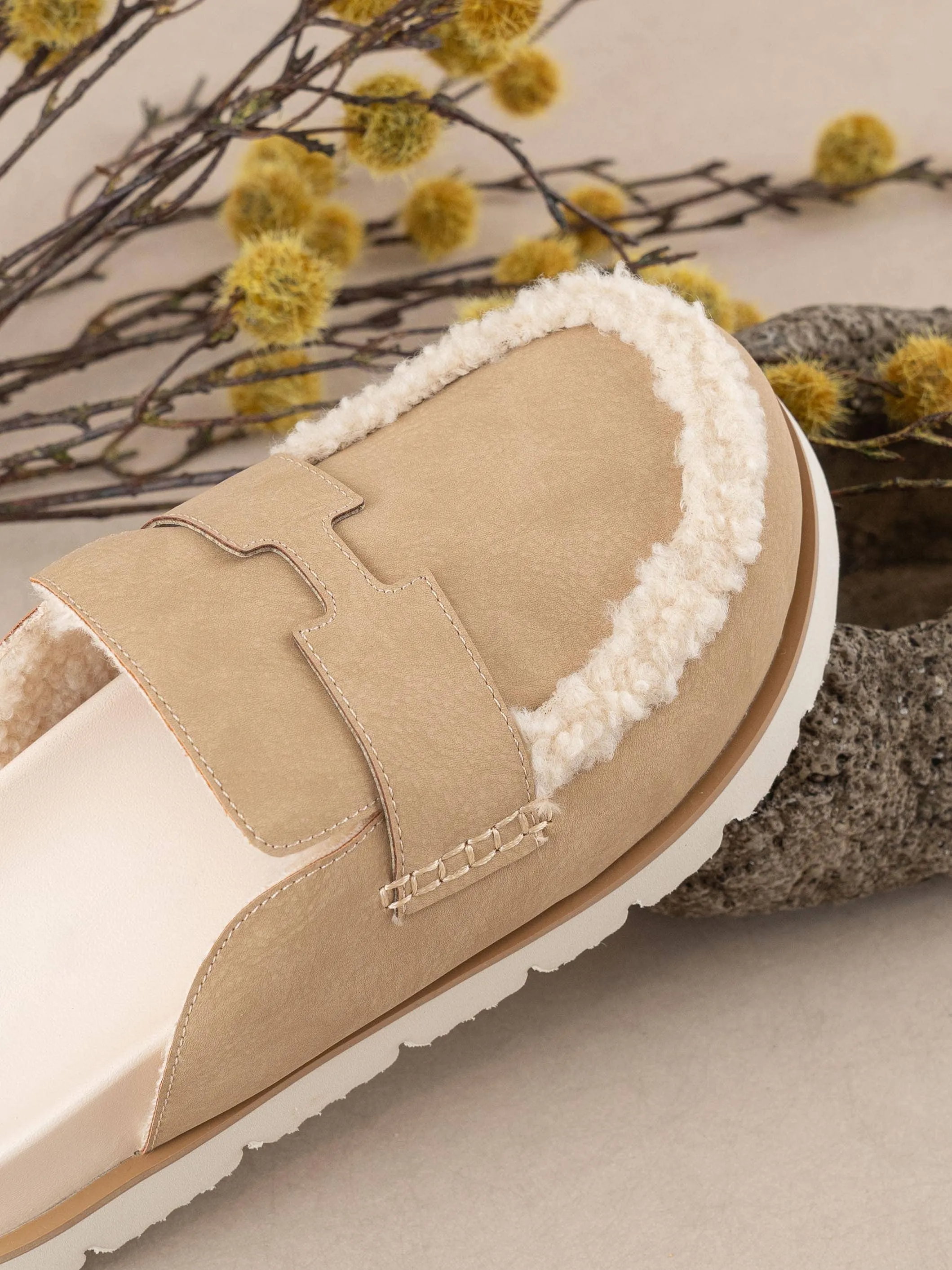 Khaki Suede Shearling Cozy Loafer Mule