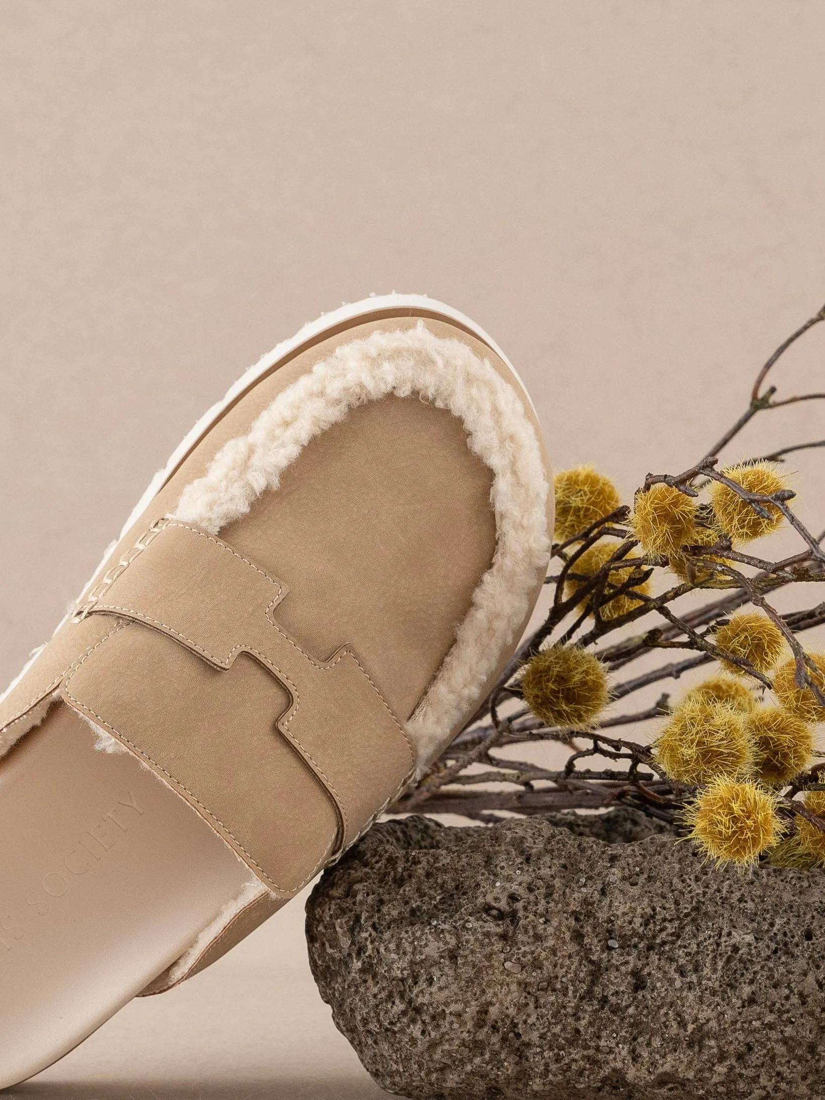 Khaki Suede Shearling Cozy Loafer Mule