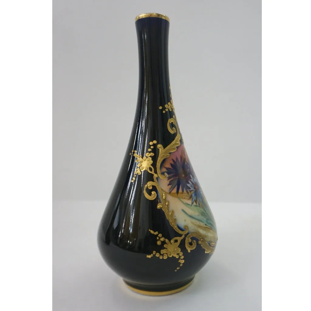 Limoges Porcelain 1930s Vintage French Pair of Cobalt Blue One Flower Vases