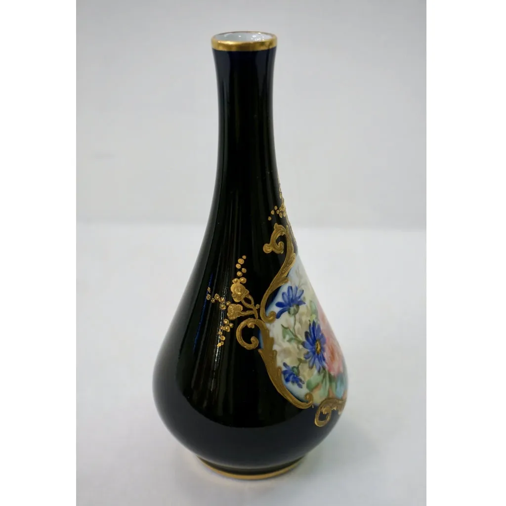 Limoges Porcelain 1930s Vintage French Pair of Cobalt Blue One Flower Vases