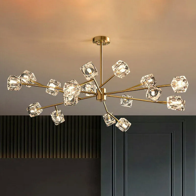 Post-Modern Crystal Cube Gold Chandelier Lamp for Living Room Suspension Light