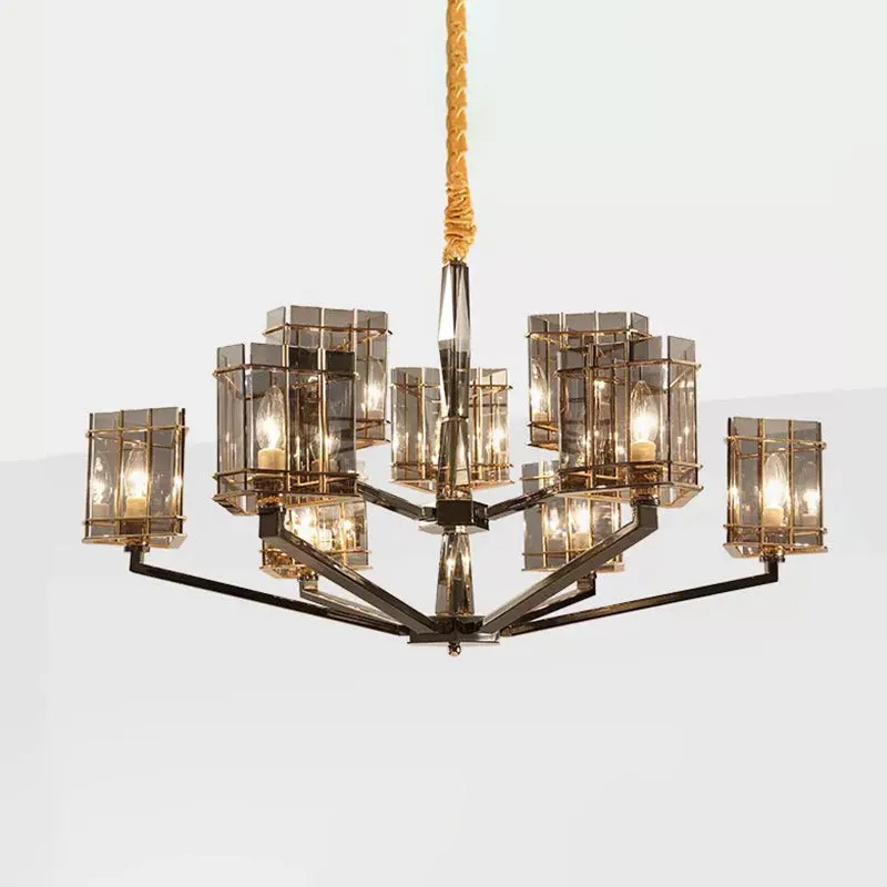 Sleek Smoked Glass Triangle Chandelier: Contemporary Black Pendant Light for Living Room